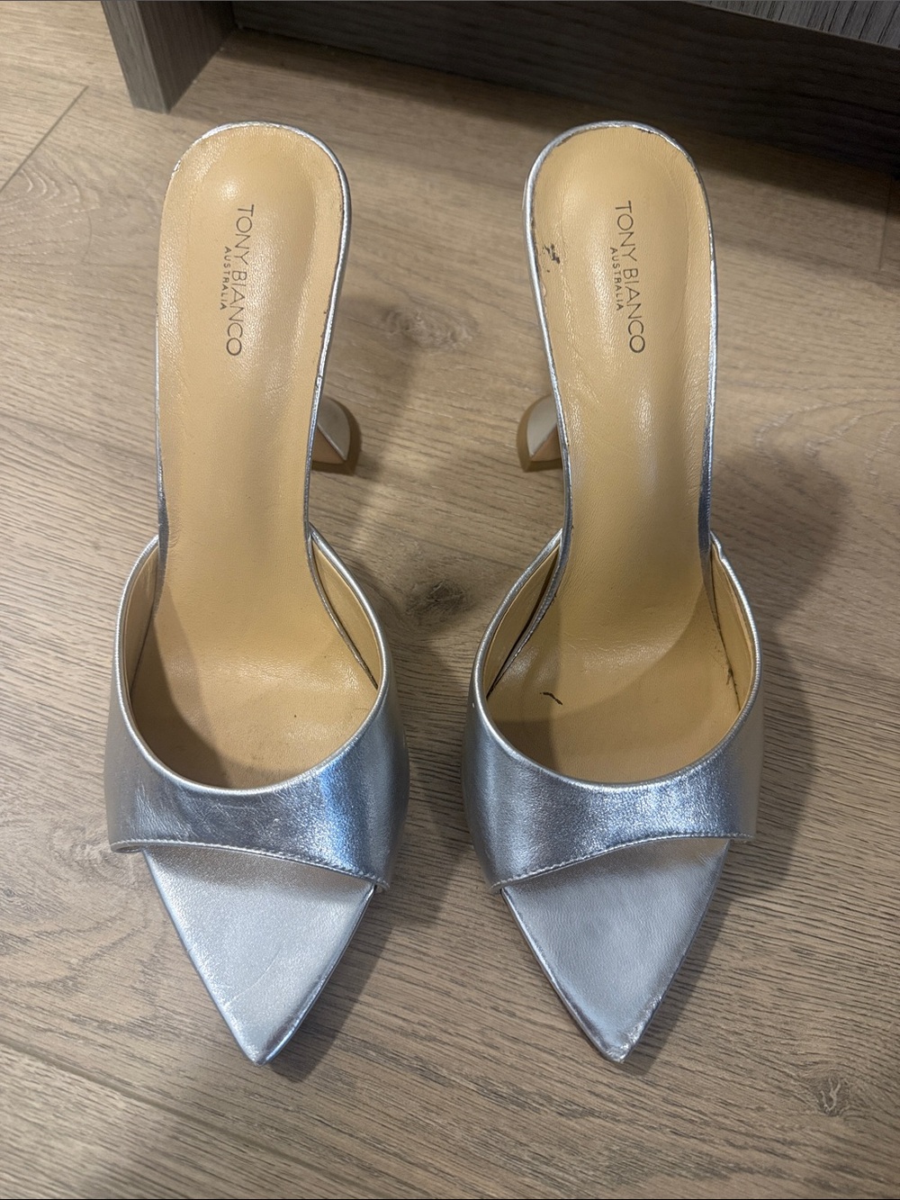 Tony Bianco Metallic Silver Pointed Mule Heels